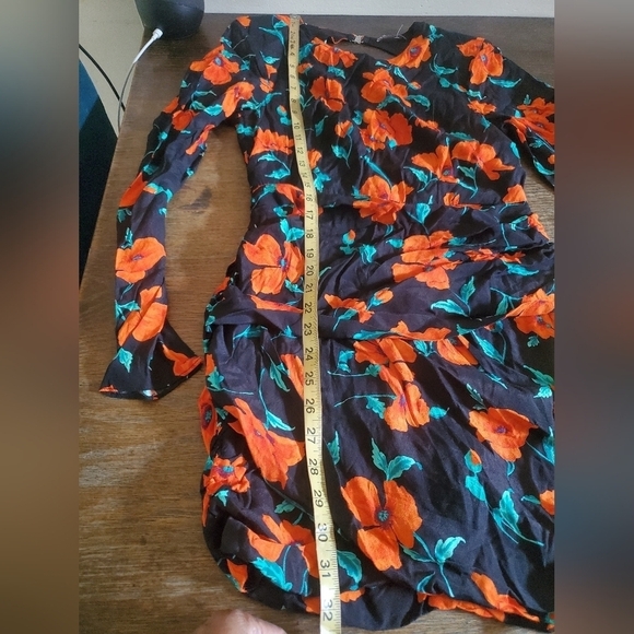 Zara Open Back Long Sleeve Ruched Mini Dress Black Orange Floral Print Size Med - Picture 14 of 15
